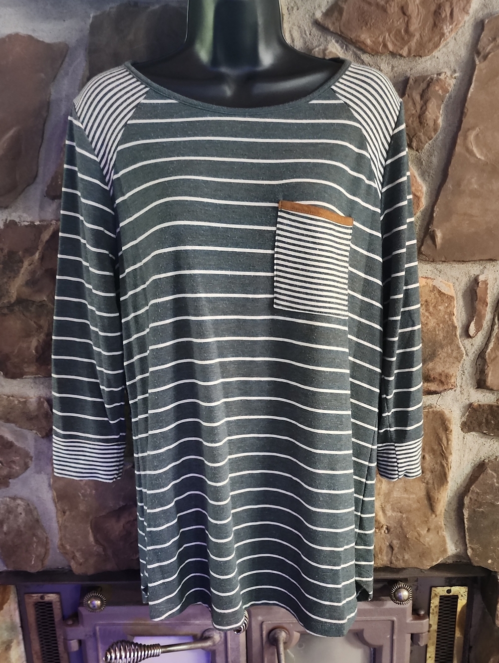 Striped Pocket Tunic Top - Sage & White with Tan Accent